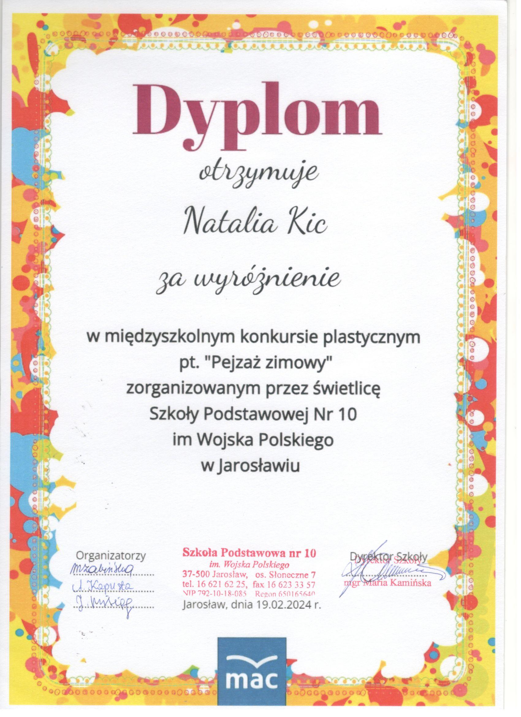 Zimowy pejzaż - konkurs plastyczny - dyplom