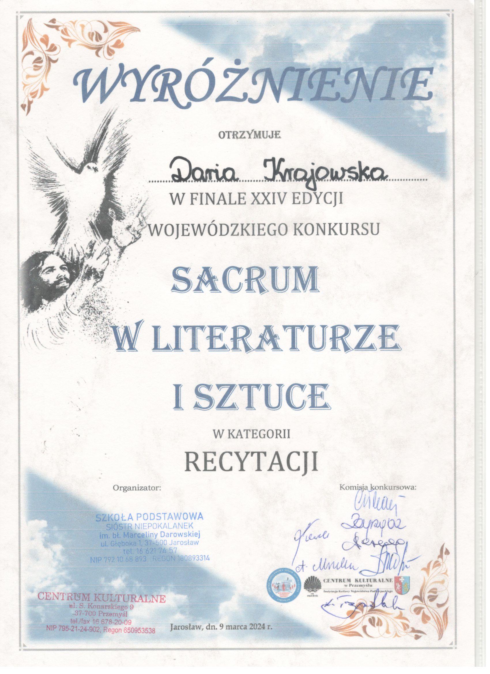 Sacrum w literaturze i sztuce - dyplom
